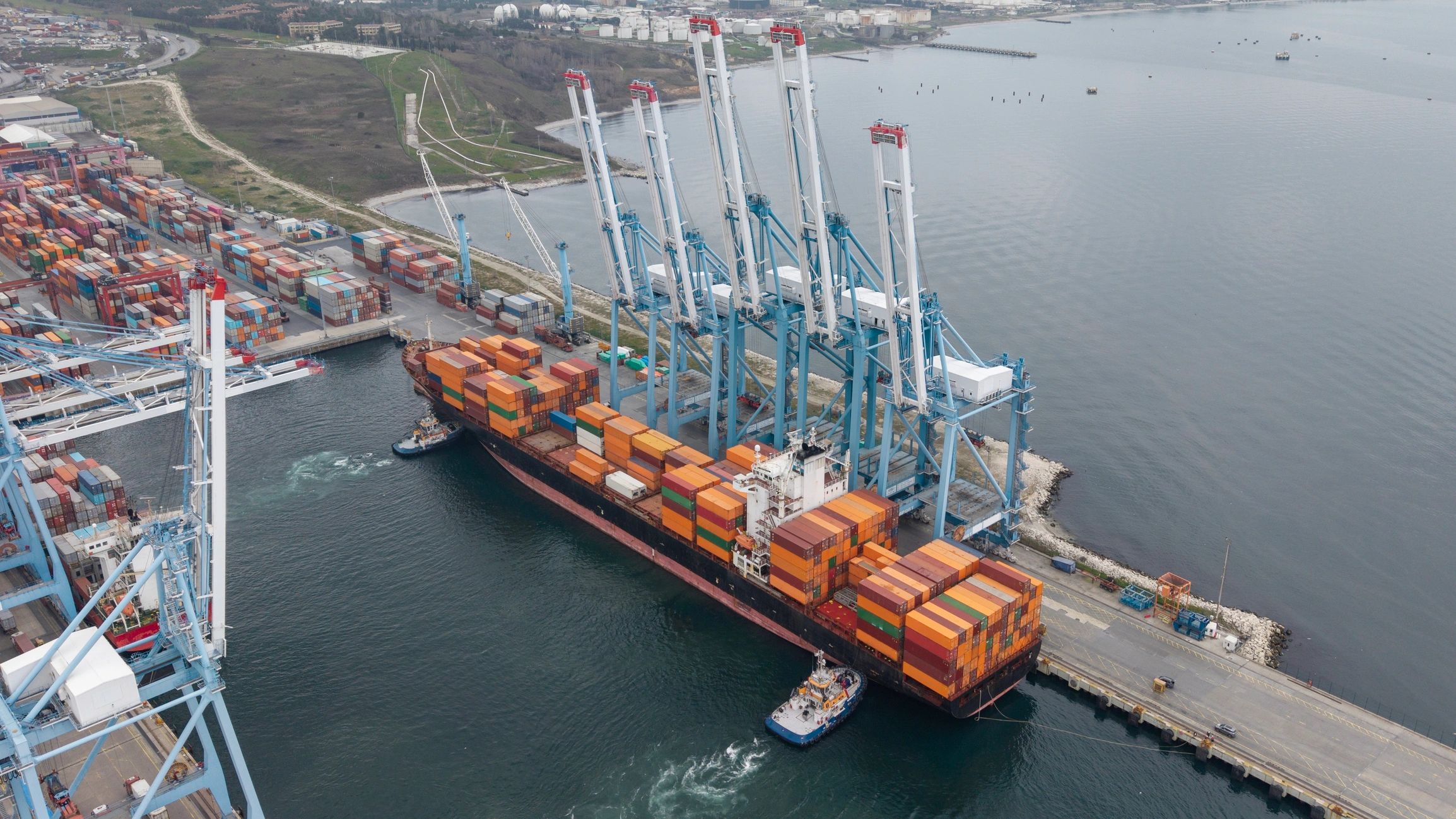 Container ship docking at industrial port with gantry cranes handling cargo